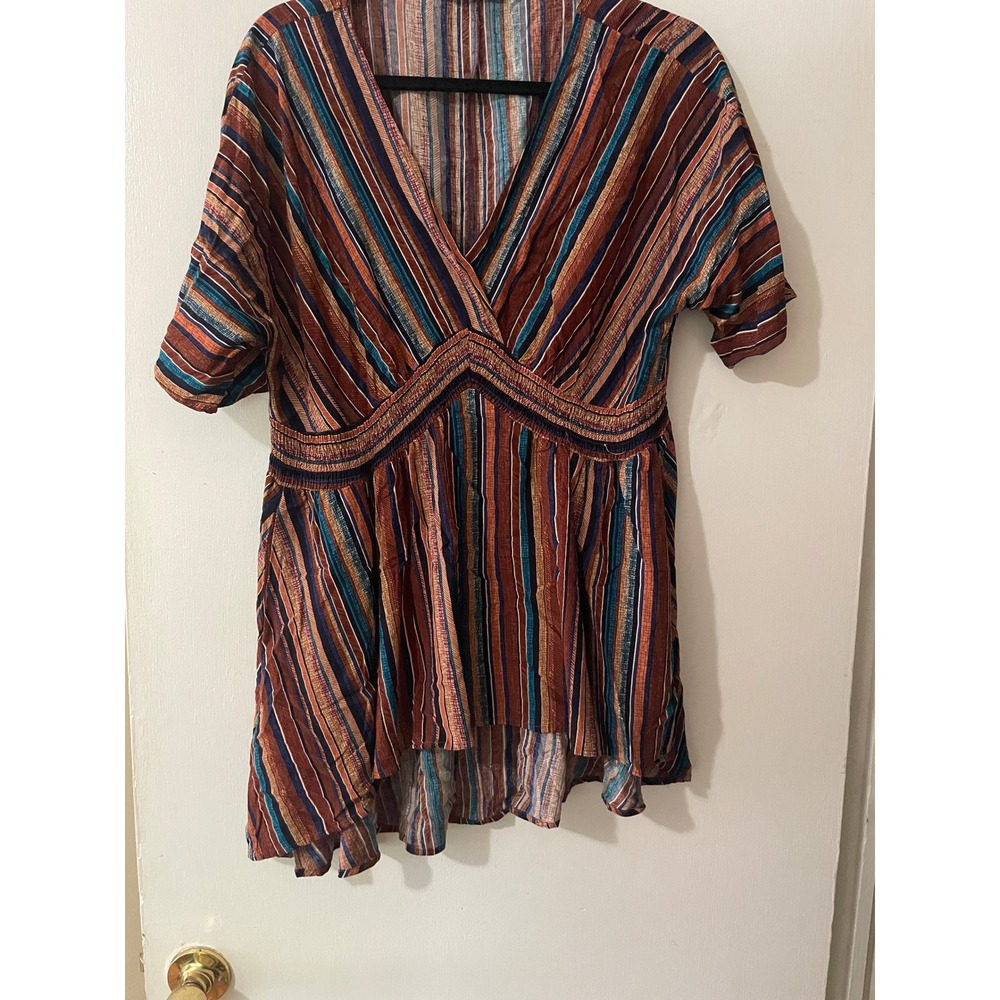Bloomchic Womens Size 12 Striped V-Neck Smocked Empire Waist High Low Peplum Top